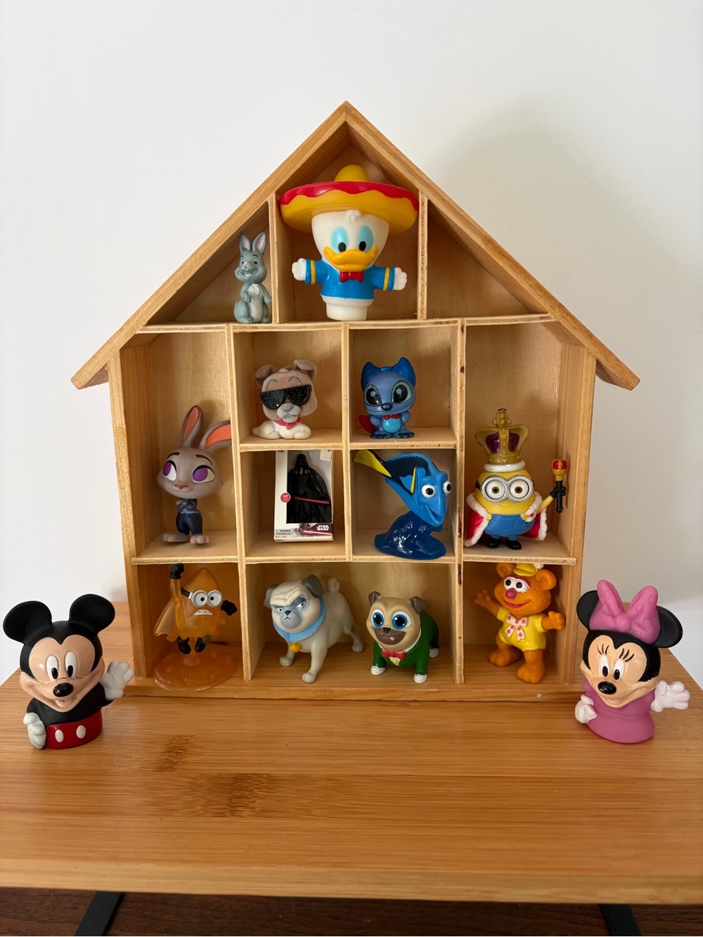 Disney Mini Figures & Wooden Display Shelf Shadow Box. Mickey Minnions Star Wars